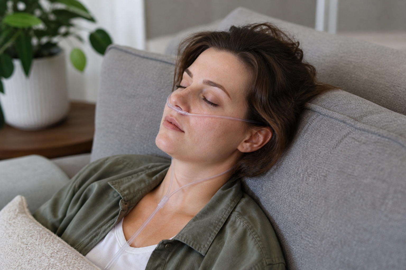Woman lying relaxed on a grey sofa next to a house plant